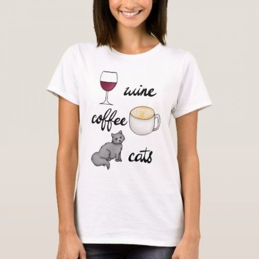 Wine Coffee Cats Funny Cute Cartoon t shirt