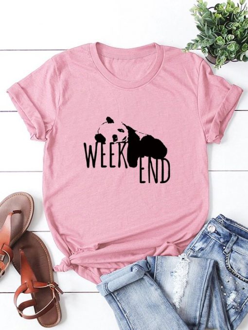 Weekend Lazy Panda Print Crew Neck Cotton T-Shirt