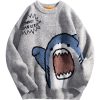 Aonga Hip Hop High Neck Vintage Sweater Winter Japanese Cartoon Knitted Sweater Couples Streetwear Men Pullovers Knit Round Neck 1-XL